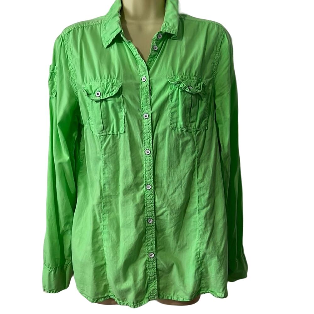 G.H. Bass & Co Bright Green Button Front Blouse Woman Large Convertible Sleeve